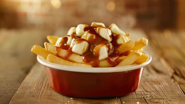 Poutine Delight: A close-up shot showcases a steaming bowl of poutine, featuring golden french fries generously topped with melted cheese curds and rich brown gravy.
