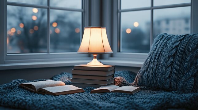 Cozy reading nook with a glowing lamp and open books by a rainy window at evening