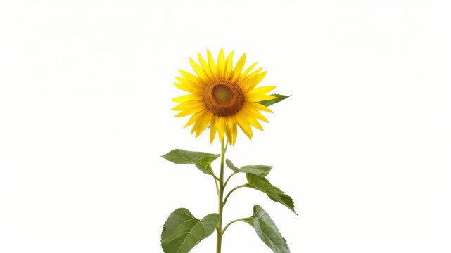 Solitary Sunflower Bloom: A vibrant, fully bloomed sunflower stands tall against a clean white background, its bright yellow petals reaching towards the light, showcasing nature's simple beauty.