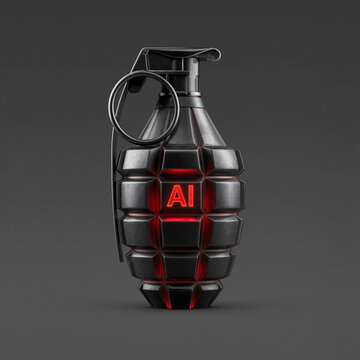 Grenade with glowing red AI letters on a gray background. Artificial intelligence risk, cyber threat, technology danger, security concerns, automation ethics, digital conflict concepts