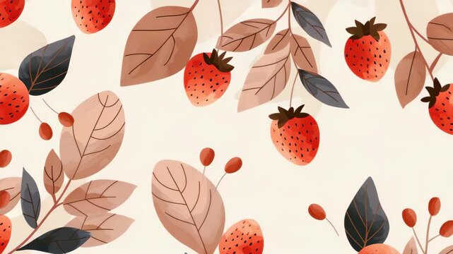 Strawberry Botanical Pattern: A delightful watercolor pattern featuring ripe strawberries, delicate leaves, and subtle floral elements in a warm, earthy color palette.