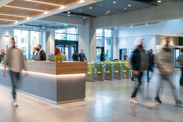 Fototapeta premium Office reception with visitors arriving, business motion concept