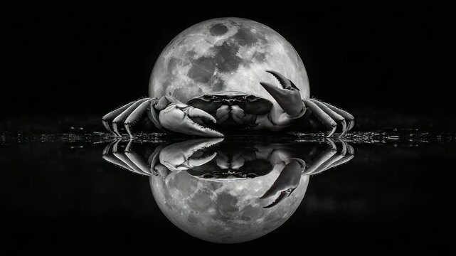 A crab faces forward against the moon. Its reflection is in water below, all in monochrome
