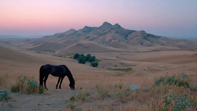 A lone dark horse grazes in a vast field, foothills in the distance, soft pink sky
