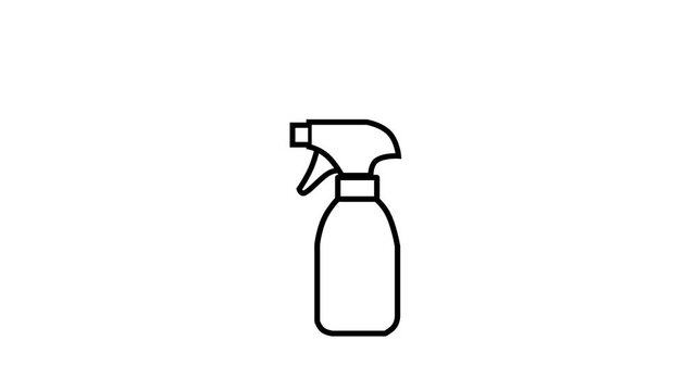 Minimalist black line art animation of a spray bottle spraying liquid on white background.
