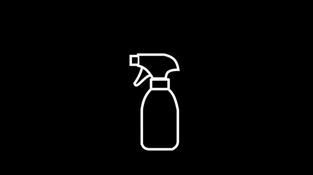 Minimalist white line art animation of a spray bottle spraying liquid on black background.