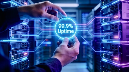 Fototapeta premium IT technician hands holding neon 99.9 percent uptime hologram icon in data center server room, cloud computing network concept