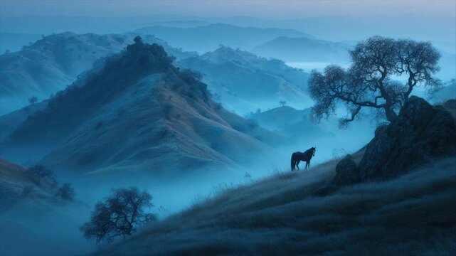 A solitary horse stands on a hillside overlooking a misty valley in a blue-toned landscape