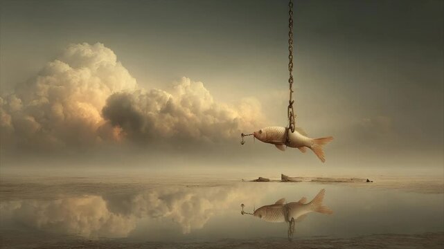 A fish, hooked and suspended by chain, hangs over reflective water, dramatic sky