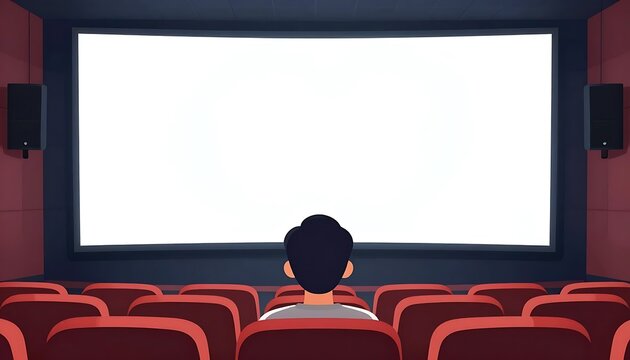 Person look at large blank screen sitting alone in a cinema waiting for the movie to start
