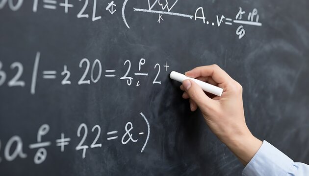 
Person writing math, intellectual, calculating complex formulas on a chalkboard
