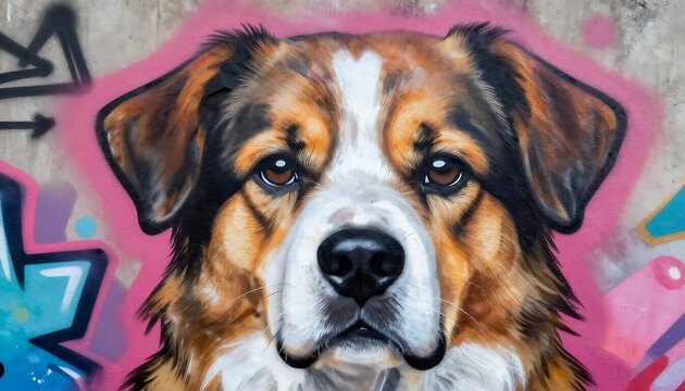 Dog portrait graffiti, artistic, mural painting representing urban street art style