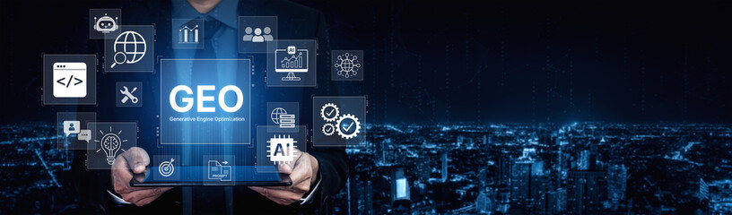 Fototapeta premium Digital marketing concept featuring GEO strategy, optimizing content for AI search engines and large language models. Evolution of SEO, brand authority, and AI citation visibility. Corpus
