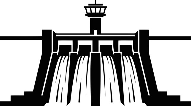 Vector illustration of hydroelectric dam with control tower vector icon on a transparent background