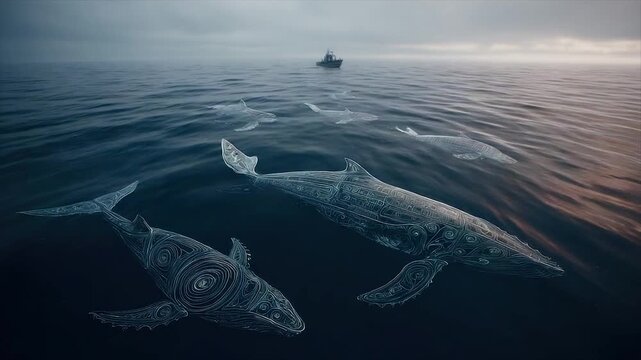 Whales swim in ocean, detailed white lines adorn bodies, boat in distance, dusky sky