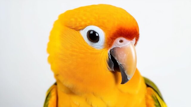 Vibrant Sun Conure Parrot Portrait: A close-up, studio portrait of a strikingly vibrant Sun Conure parrot, showcasing its brilliant golden-yellow plumage and expressive black eye.
