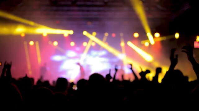 Crowd cheers with hands raised during a music concert, watching a live performance as stage lights and audience energy fill the front row.