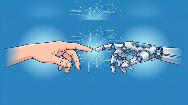 人間の手とロボットの機械の腕が指先を合わせるイラスト。AIと人間の共生、デジタルトランスフォーメーション（DX）、未来のテクノロジー、サイバー空間のコンセプトイメージ。青背景、ベクター素材