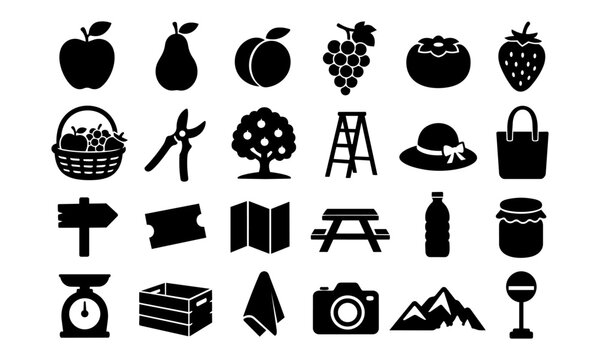 Japanese fruit picking tourism icon set