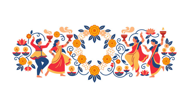 Diwali Celebration Illustration with Dancers and Floral Decor