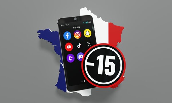 Smartphone avec ic&ocirc;nes de r&eacute;seaux sociaux, symbole d'interdiction aux moins de 15 ans et carte de France