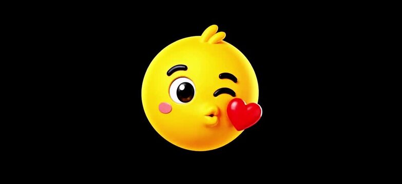 Cute yellow emoji sending a kiss with floating heart animation 3D style