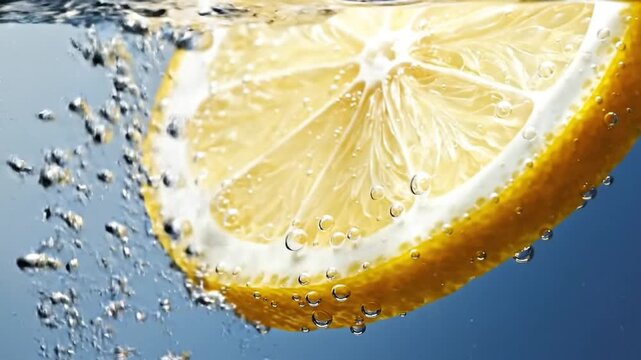 A bright yellow citrus fruit slice submerged in clear sparkling water with many rising bubbles