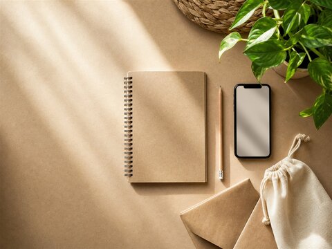 Espacio de trabajo sostenible para peque&ntilde;a empresa con libreta reciclada y bolsa reutilizable