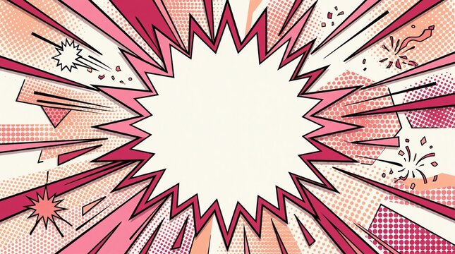 Vibrant comic book explosion starburst background featuring pink halftone patterns and dramatic radiating lines for a bold graphic design layout