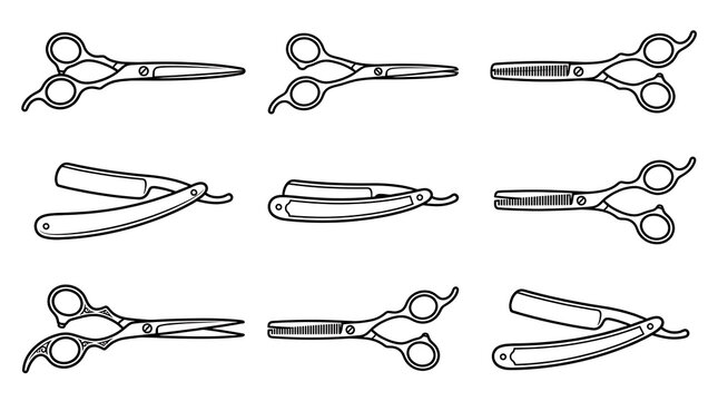 Vector set of various professional hairdressing tools including barber scissors, thinning shears, and straight razors