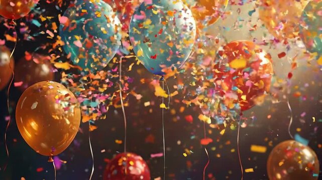 Colorful balloons float amidst a vibrant shower of falling confetti during a festive celebration
