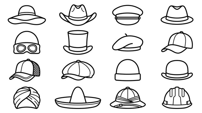 Black and white outline vector set of different classic fashion headwear types, including various hats and caps