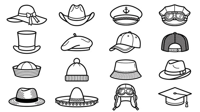 A diverse collection of outline vector icons featuring various classic and modern hats and caps for men and women