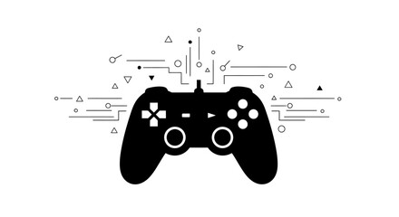 A black silhouette vector illustration of a modern video game controller, with radiating abstract data lines, circles, and triangles. Isolated on a white background. © Hafiz
