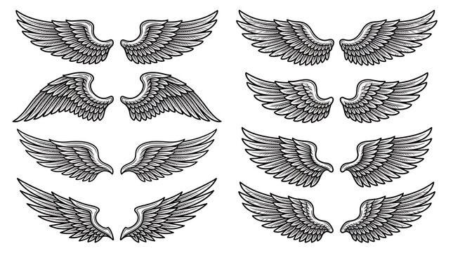 Set of vector hand drawn monochrome wings in vintage tattoo style isolated on white background for design element