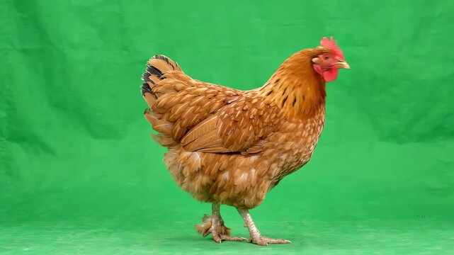 A brown organic farm chicken walking steadily across a bright green screen background for compositing and visual effects