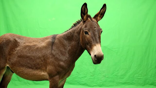 A calm brown mule stands still against a bright green screen background while occasionally twitching its long ears and blinking
