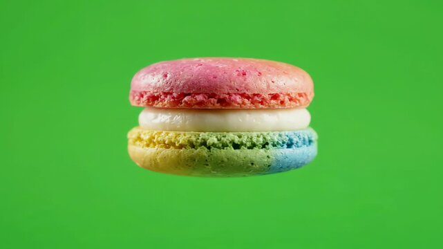 A colorful French macaron spinning slowly in the air against a bright green screen background for easy keying