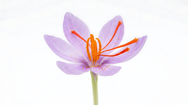 Beautiful saffron crocus flower with vibrant purple petals and bright orange stamens isolated on a clean white background