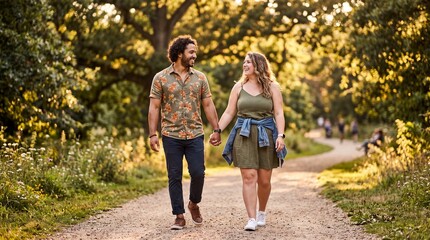 Obraz premium Happy diverse couple walking hand in hand on a sunny park trail during golden hour