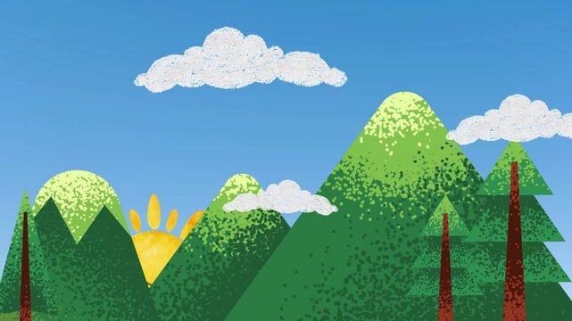 Animated Sunny Day Landscape with Green Rolling Hills, Blue Sky, and Fluffy Clouds