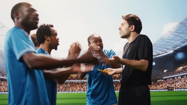 Soccer referee stopping heated argument with yellow card raised, giving warning for violent rules violation and unsportsmanlike conduct.