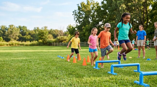 Children participating in outdoor obstacle course activity on grass  