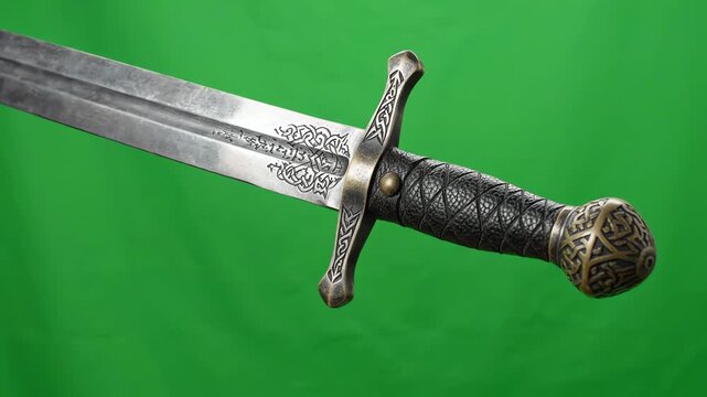 A medieval knightly longsword with intricate engravings slowly rotating 360 degrees against a bright green screen background for video compositing