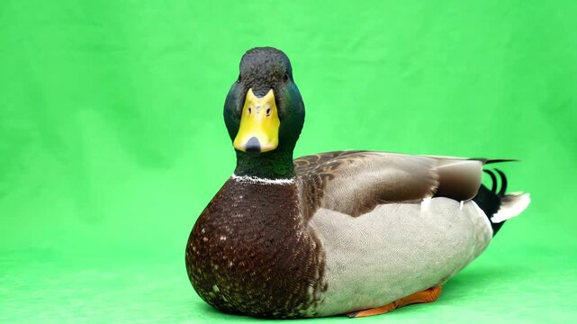 A mallard duck turning its head and looking around curiously on a bright green screen background for compositing
