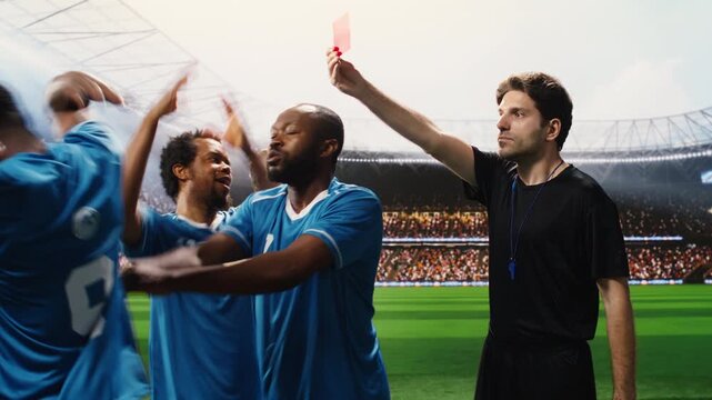 Referee showing red card after a second yellow card to a player, heated conflict and protest in dramatic football match, dismissal punishment for unsportsmanlike conduct.