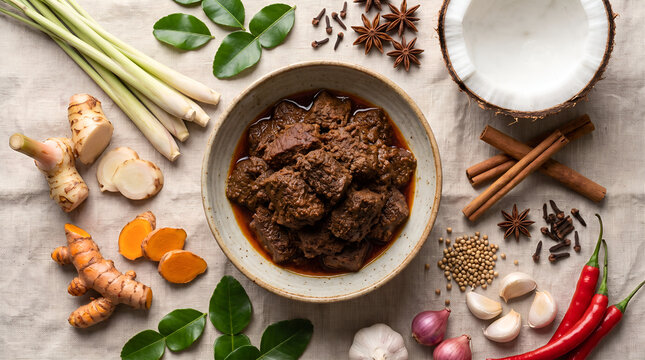 Traditional beef rendang displayed with authentic Indonesian cooking ingredients for culinary education, publishing, tourism, and commercial food design.