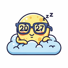 Fototapeta premium Cute cartoon moon character sleeping on a cloud wearing glasses with the year 2027, isolated vector illustration