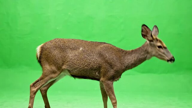 A realistic brown doe deer standing against a bright green screen background while looking around and twitching ears for compositing