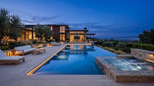 Modern luxury home exterior with illuminated swimming pool, hot tub, and outdoor lounge area at twilight